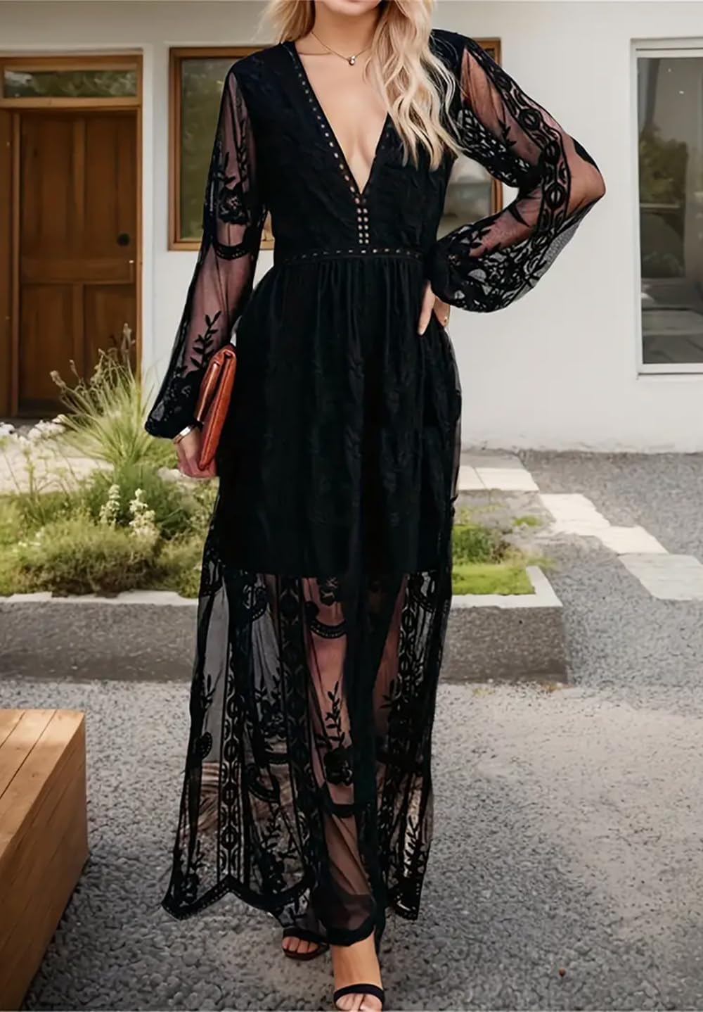 Black Lace V Cut Maxi Dress