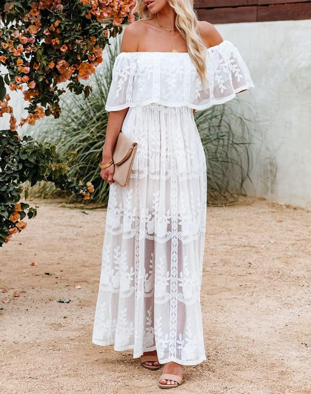 Cathedral White Lace Off Shoulder Maxi Dress