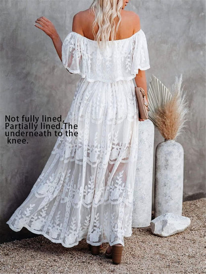 Cathedral White Lace Off Shoulder Maxi Dress