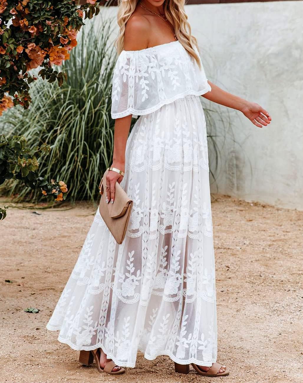 Cathedral White Lace Off Shoulder Maxi Dress