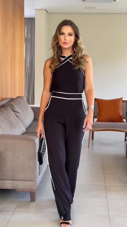 Black Criss Cross Paneled Halter Jumpsuit