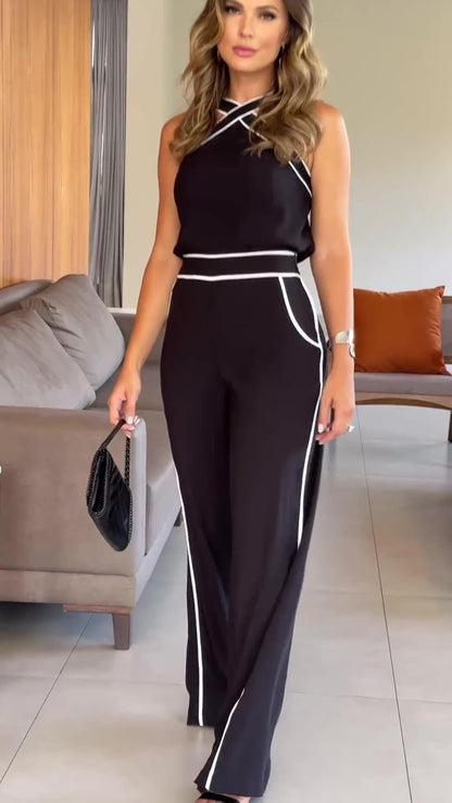 Black Criss Cross Paneled Halter Jumpsuit