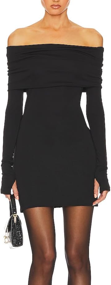 Black Long Sleeve Knit Off Shoulder Mini Dress