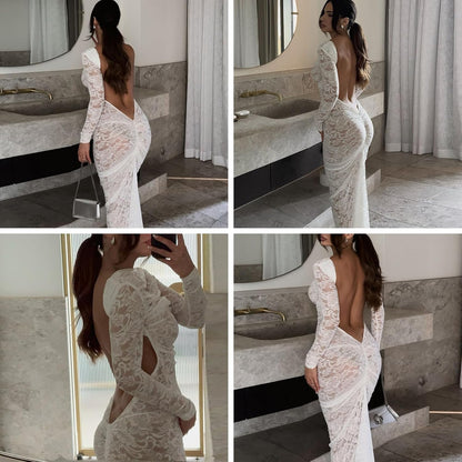 Backless White Lace Maxi Dress