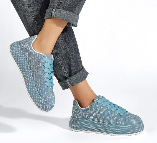 Rhinestone Light Blue Lace Up Women's Sneakers