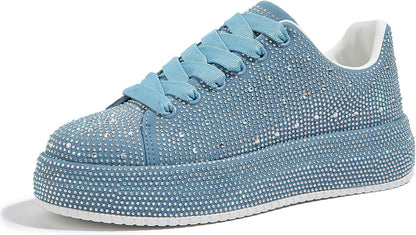 Rhinestone Light Blue Lace Up Women's Sneakers