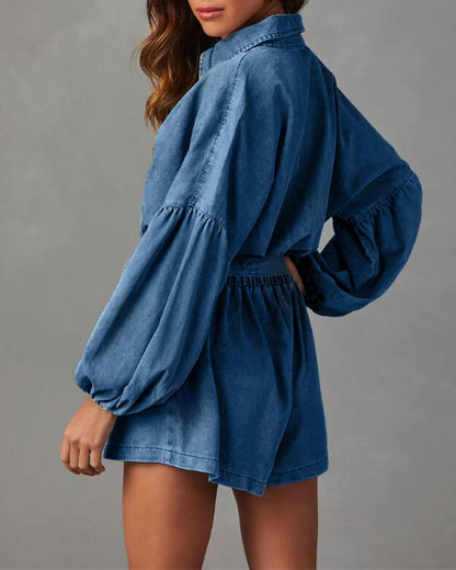 Lantern Dark Denim Shorts Romper