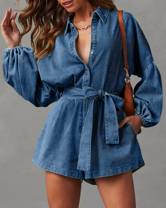 Lantern Dark Denim Shorts Romper