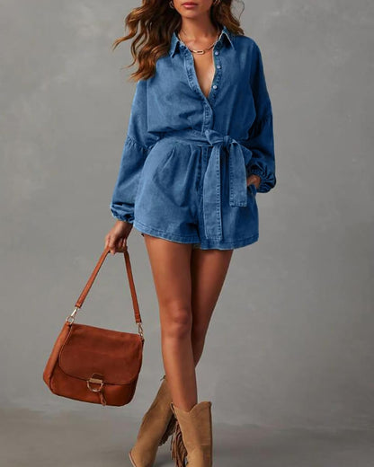 Lantern Dark Denim Shorts Romper