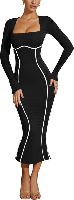 Black Contrast Panel Long Sleeve Bodycon Dress