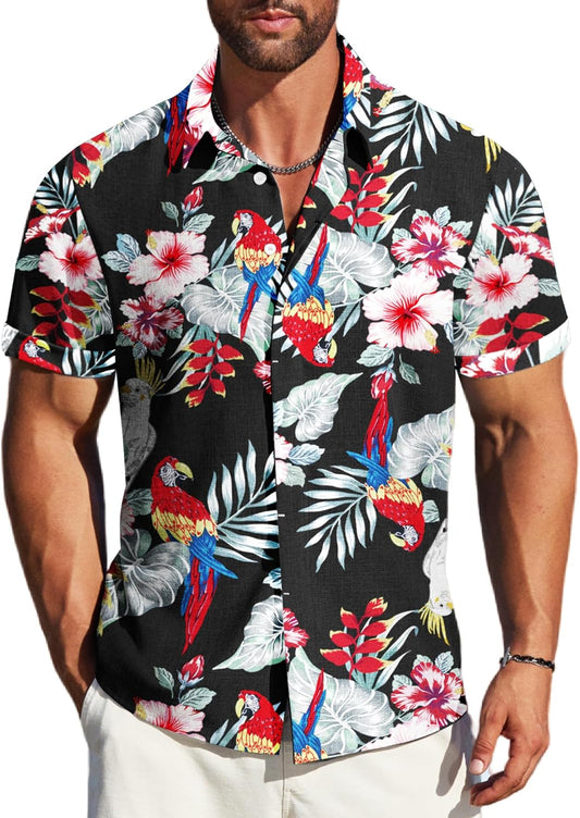 Men's Black Floral Casual Collar Short Sleeve Shirt