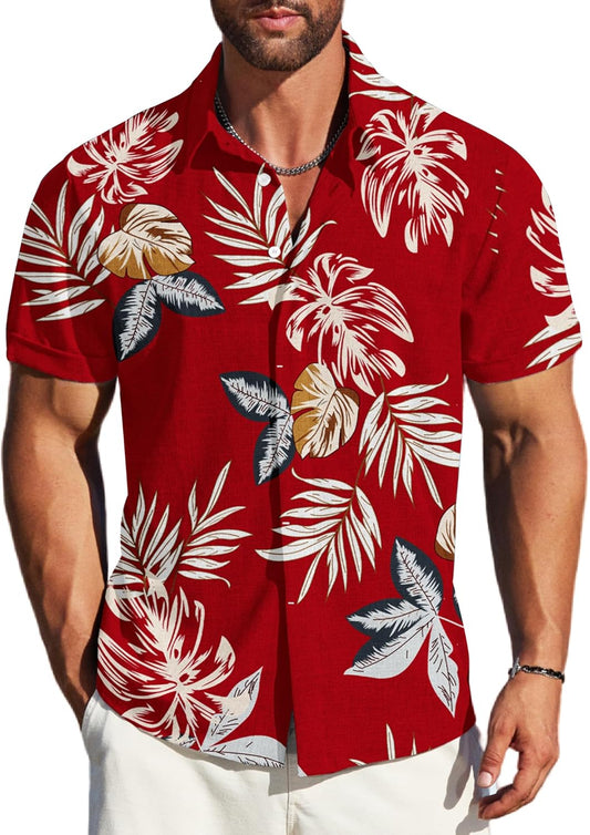 Men's Red Floral Casual Collar Short Sleeve Shirt