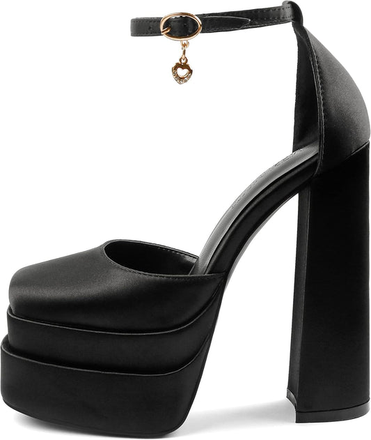 Platform Double Layered Black Ankle Strap Block Heels