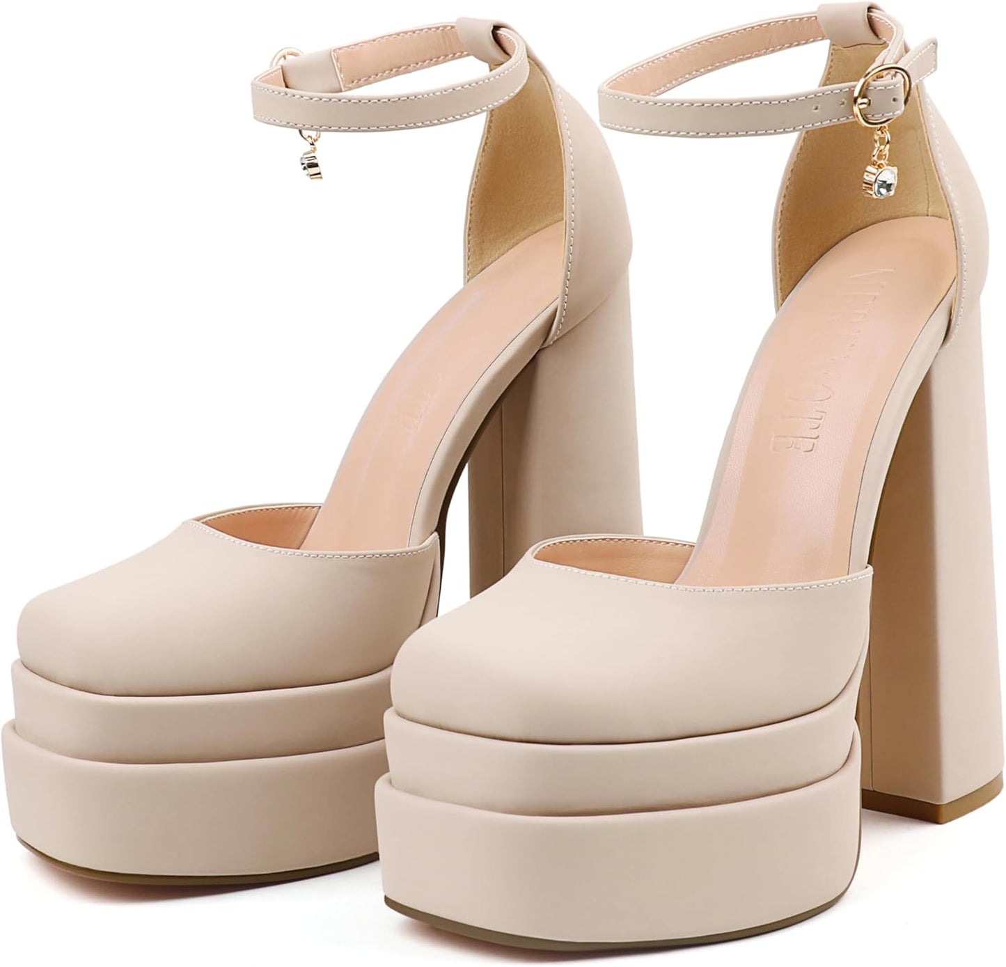 Platform Double Layered Nude Ankle Strap Block Heels