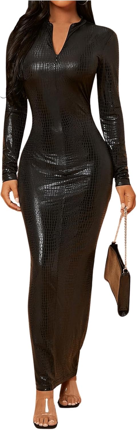 Black Faux Leather Zip Up Long Sleeve Maxi Dress