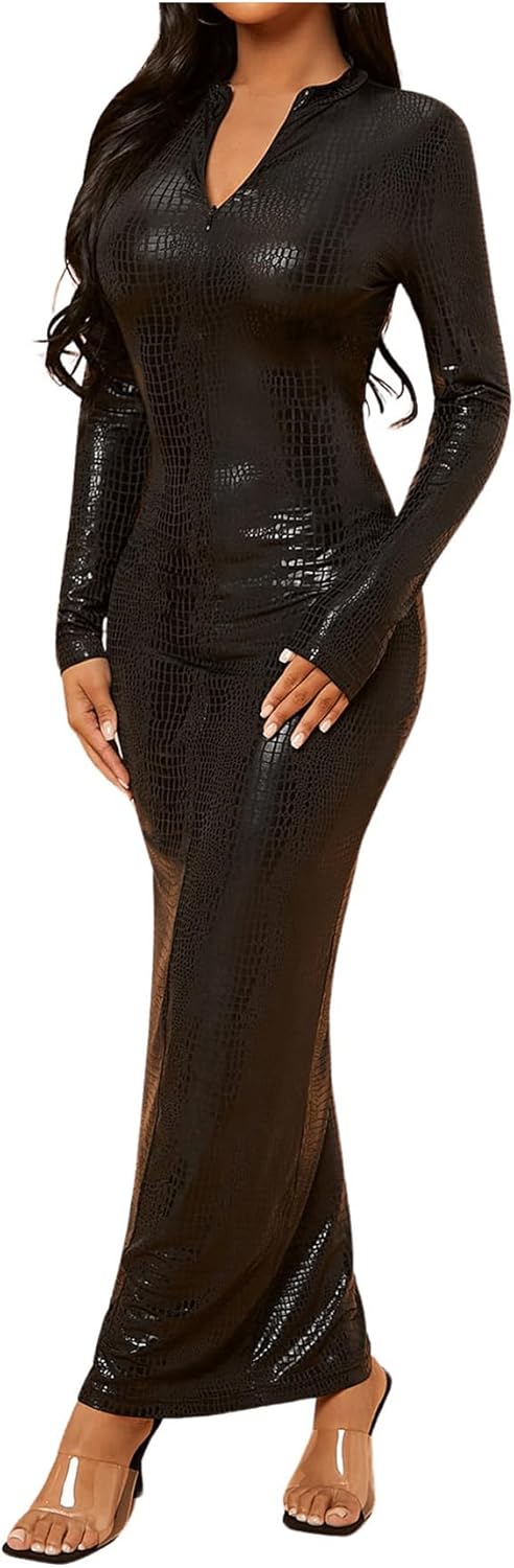 Black Faux Leather Zip Up Long Sleeve Maxi Dress