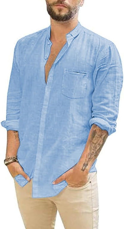 Men's Casual Light Blue Linen Long Sleeve Shirt