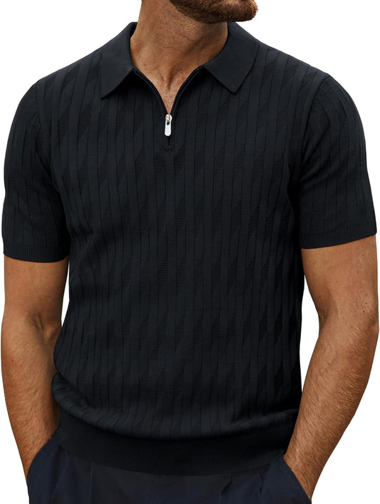 Men's Black Textured Polo Short Sleeve Shirt