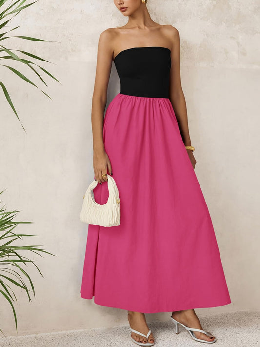 Strapless Tube Top Style Pink/Black Maxi Dress