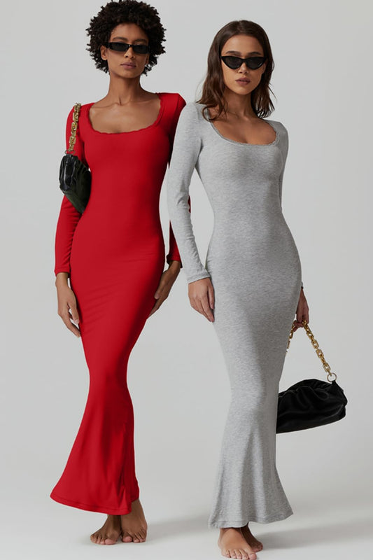 Sleek Red Knit Long Sleeve Maxi Dress