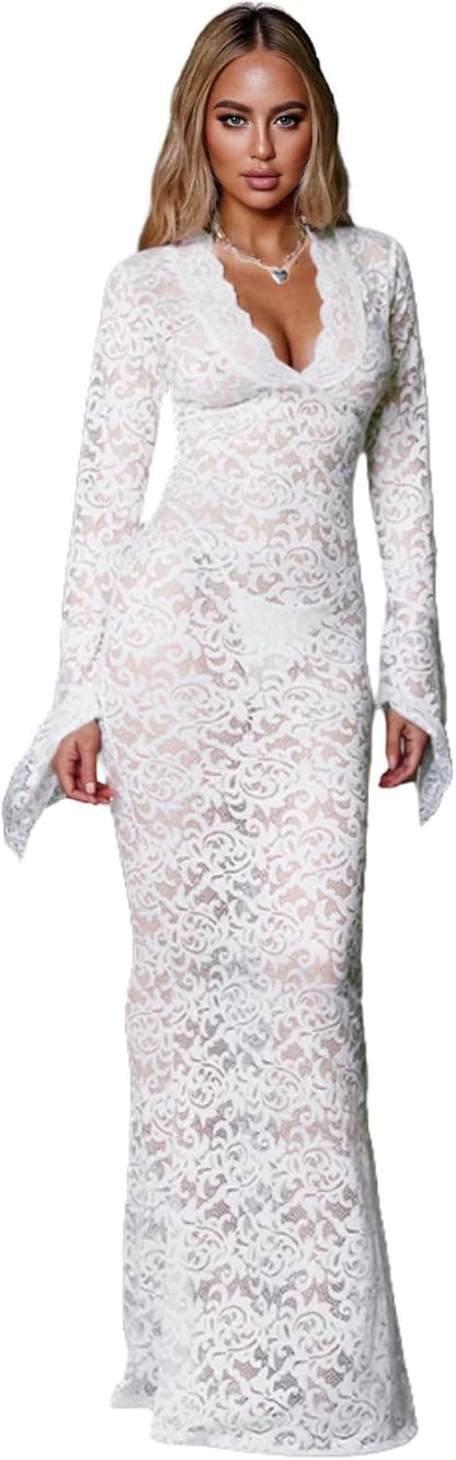 White Sheer Lace Bell Sleeve Maxi Dress