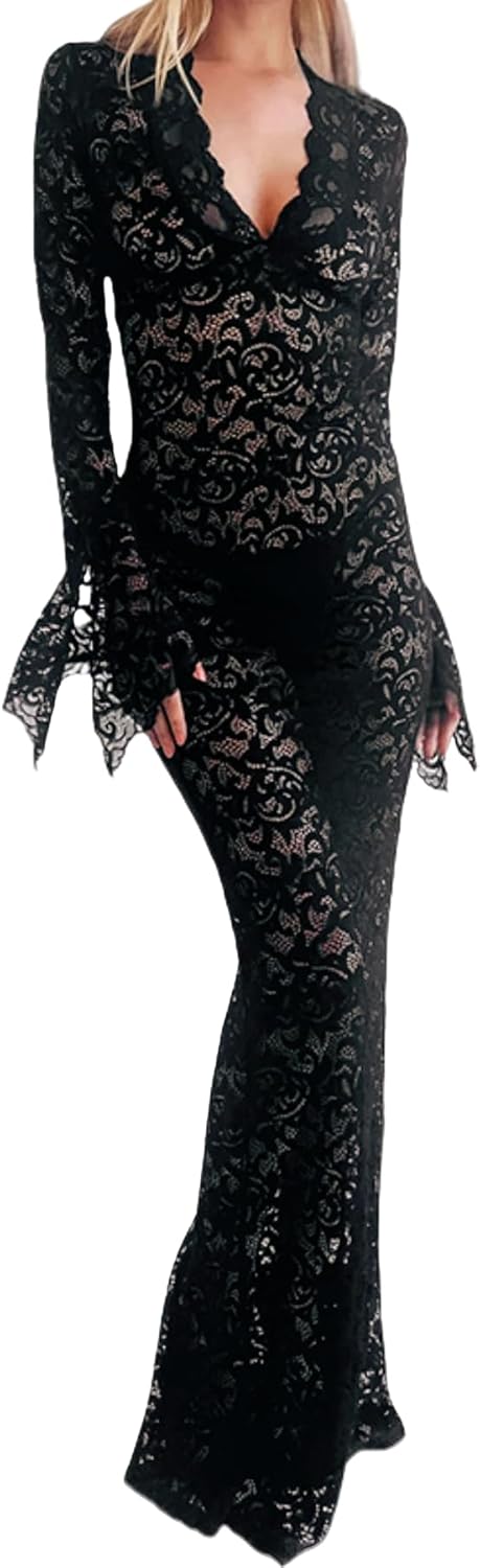 Black Sheer Lace Bell Sleeve Maxi Dress