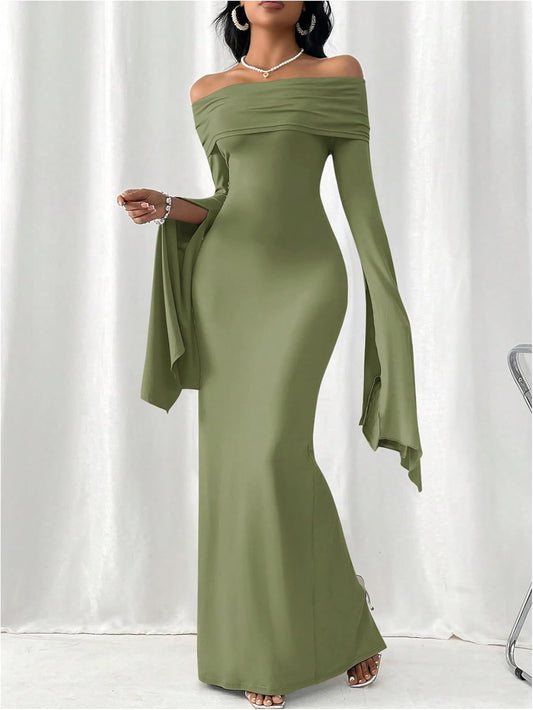 Beautiful Olive Green Long Sleeve Cocktail Maxi Dress