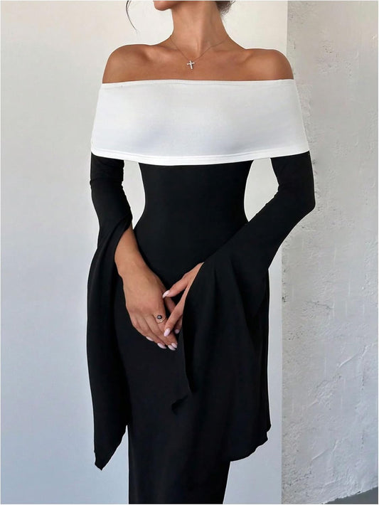 Beautiful Black & White Long Sleeve Cocktail Maxi Dress