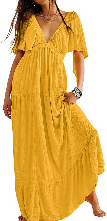 Boho Flutter Sleeve Green Deep V Maxi Dress