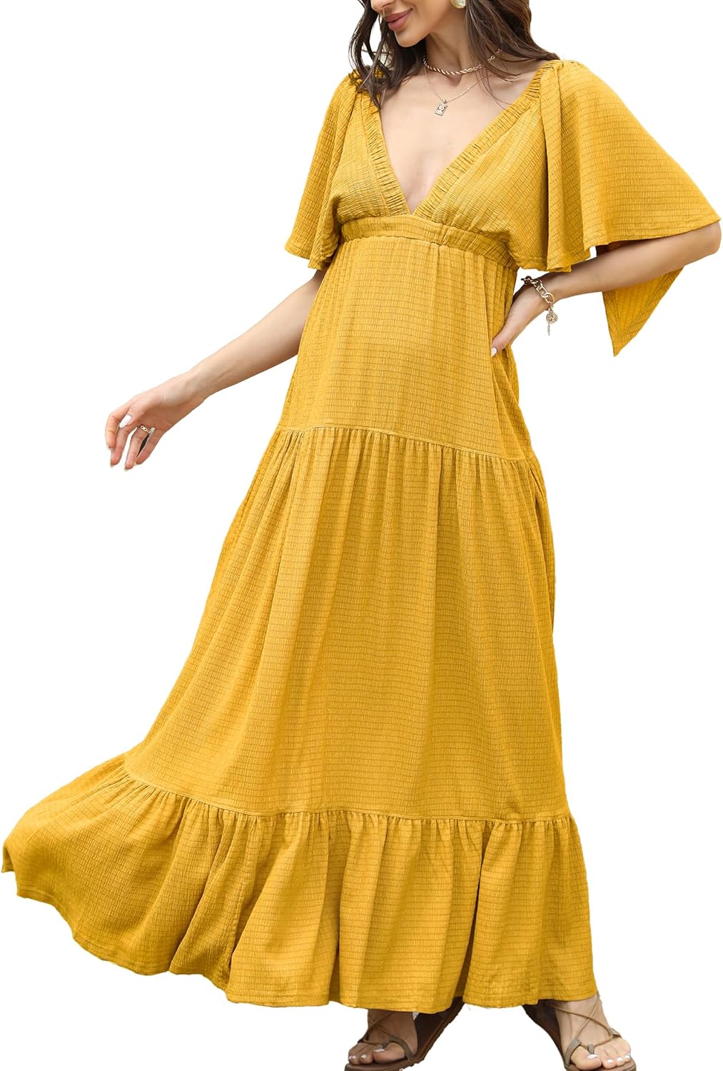 Boho Flutter Sleeve Yellow Deep V Maxi Dress