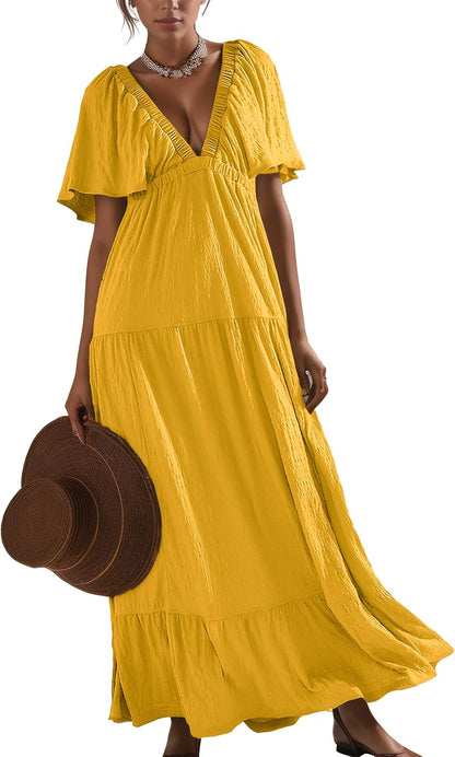 Boho Flutter Sleeve Yellow Deep V Maxi Dress