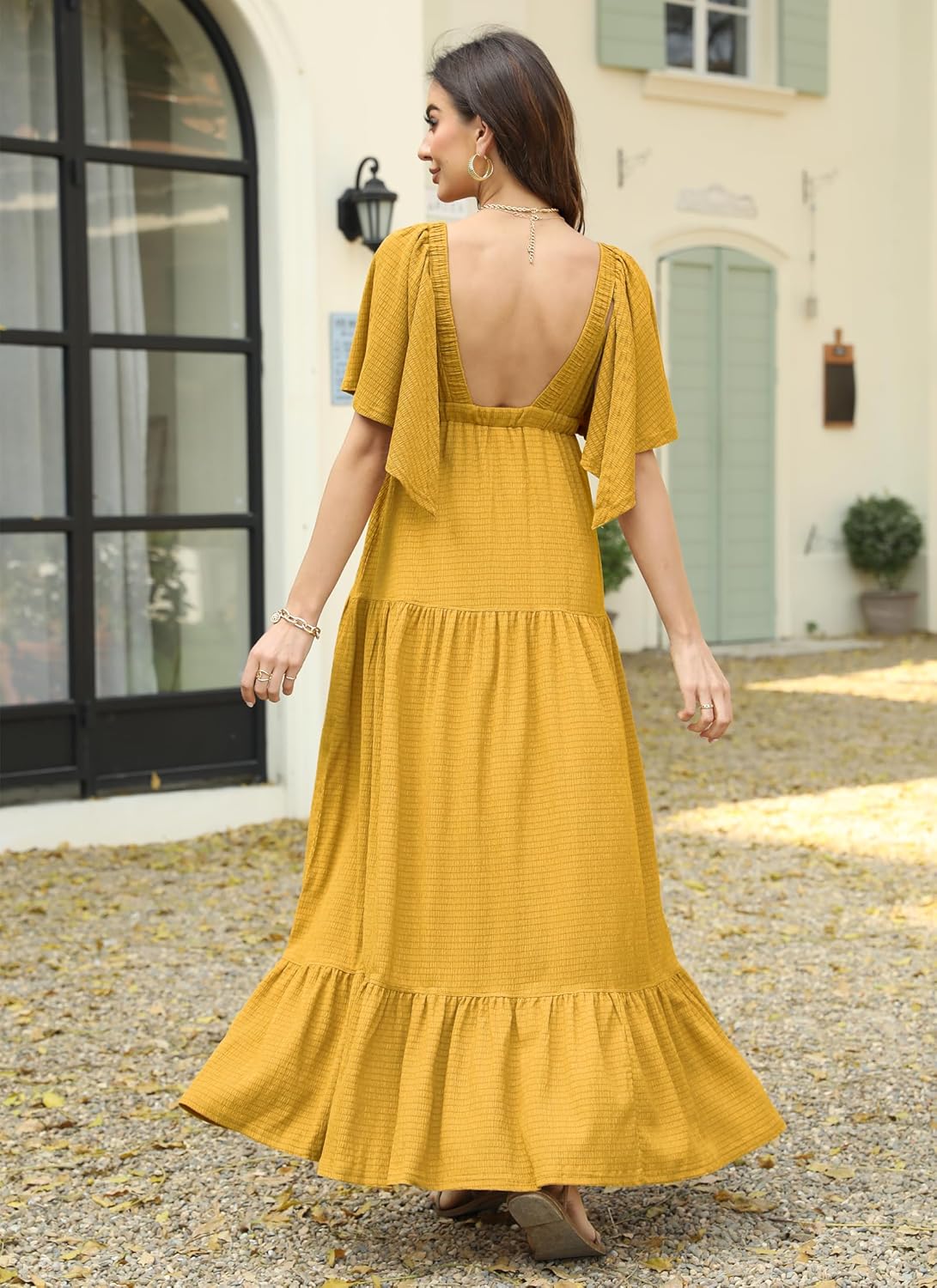 Boho Flutter Sleeve Green Deep V Maxi Dress