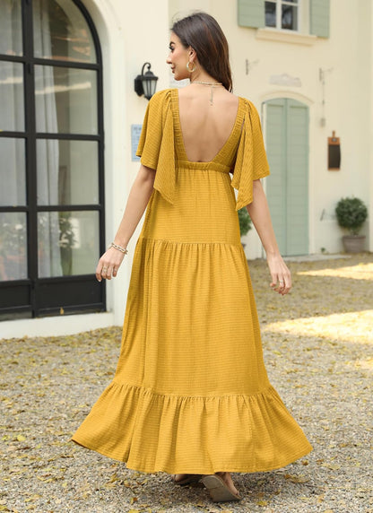 Boho Flutter Sleeve Yellow Deep V Maxi Dress