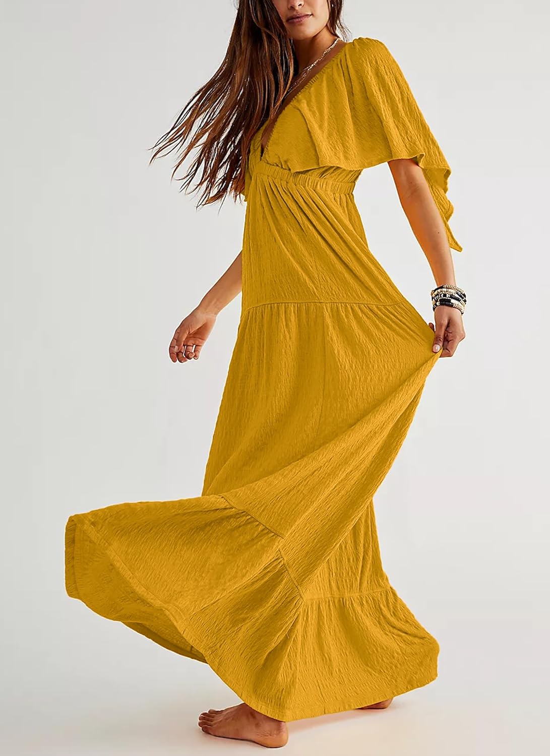 Boho Flutter Sleeve Green Deep V Maxi Dress