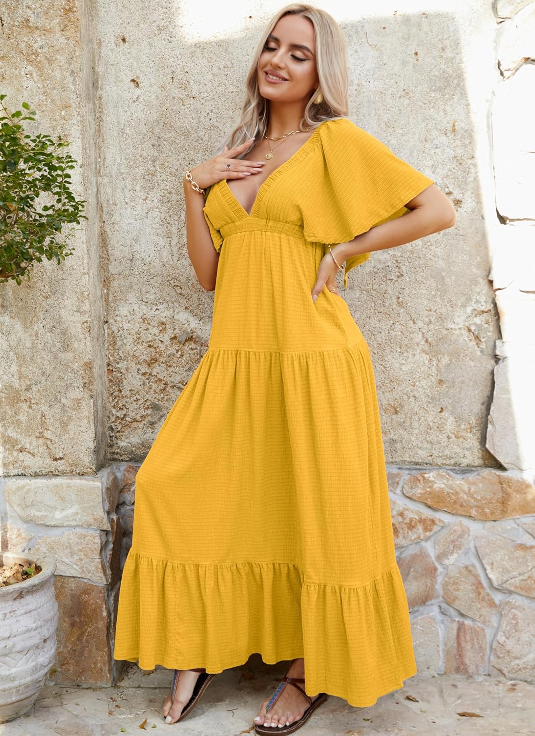 Boho Flutter Sleeve Green Deep V Maxi Dress