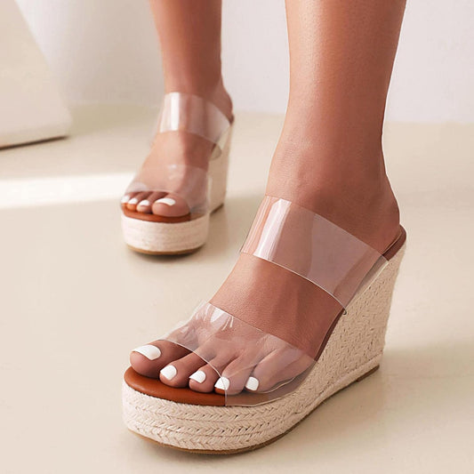 Clear Beige Espadrille Open Toe Wedge Sandals