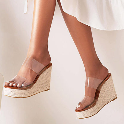 Clear Beige Espadrille Open Toe Wedge Sandals