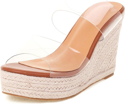 Clear Beige Espadrille Open Toe Wedge Sandals