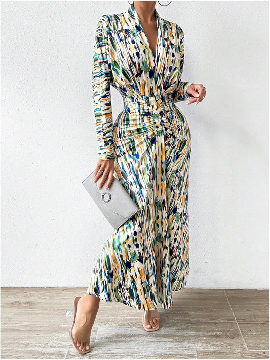 Ruched Printed Long Sleeve Maxi Dress