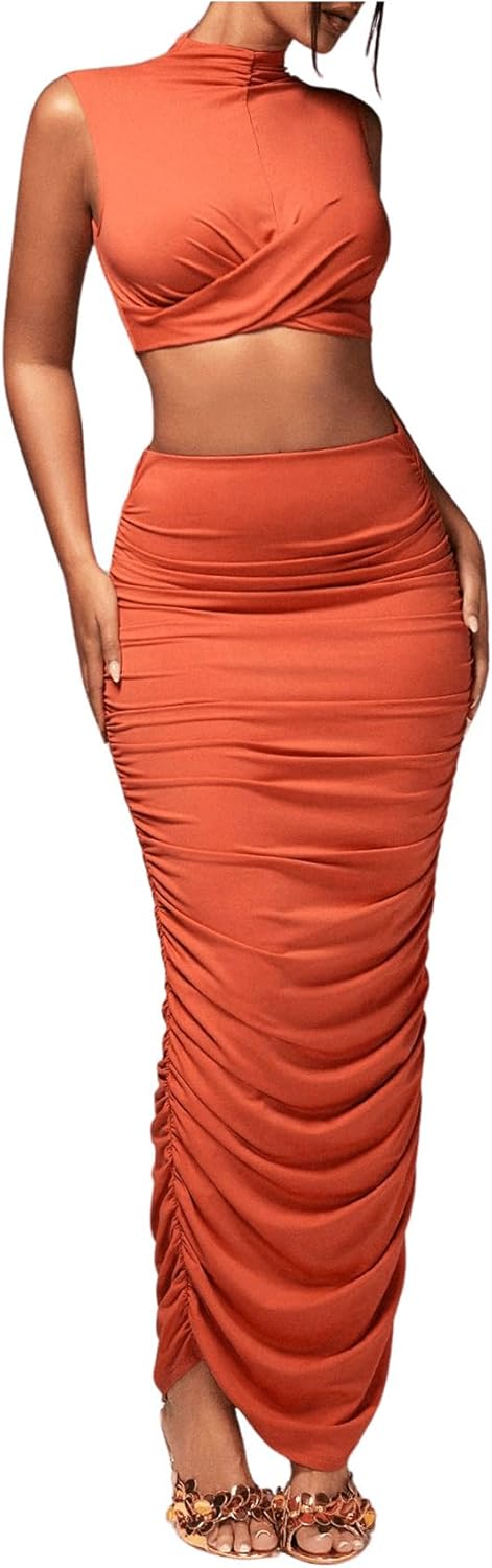 Ruched Mock Style Crop Top & Maxi Skirt