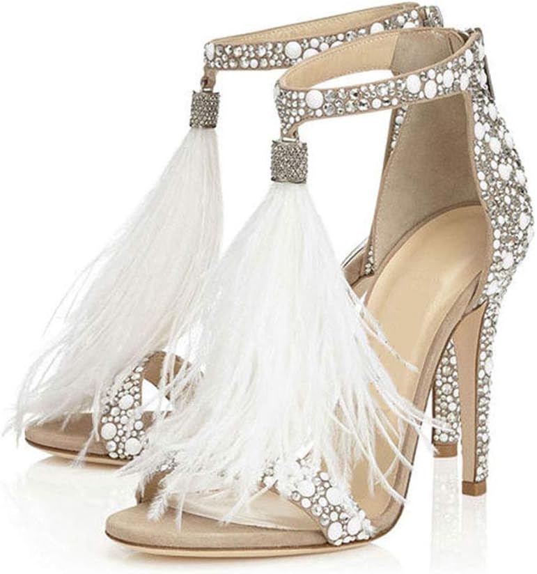 Black Rhinestone Feather Tassel Ankle Strap Sandals