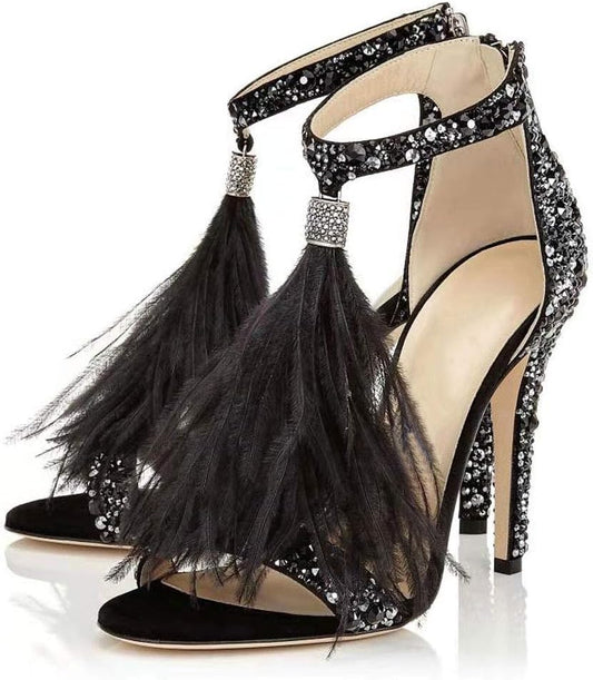 Black Rhinestone Feather Tassel Ankle Strap Sandals