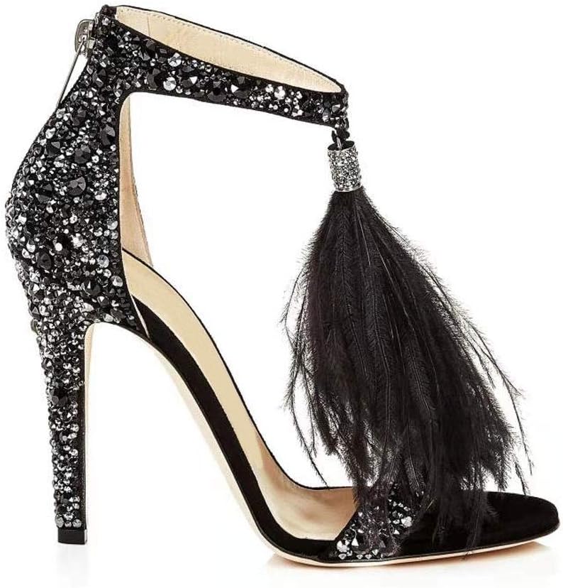 Black Rhinestone Feather Tassel Ankle Strap Sandals