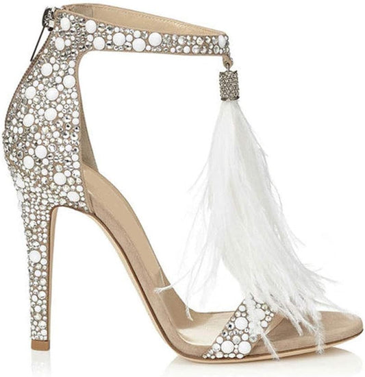 Silver Rhinestone Feather Tassel Ankle Strap Sandals