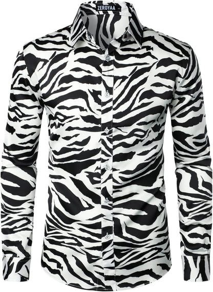 Men's Smooth Satin White Zebra Sleeve Shirt