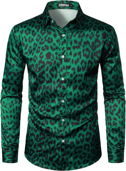 Men's Smooth Satin Green Cheetah Sleeve Shirt