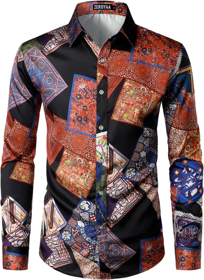 Men's Smooth Satin Black/Orange Long Sleeve Shirt