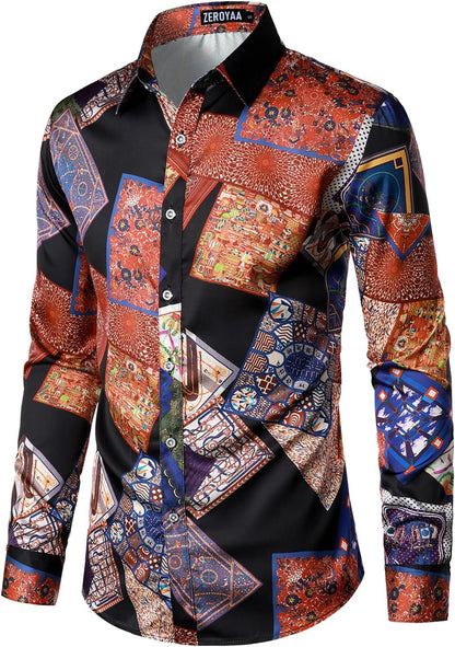 Men's Smooth Satin Black/Orange Long Sleeve Shirt