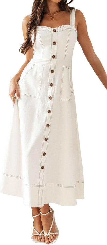 Casual White Button Pocket Maxi Dress