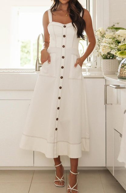 Casual White Button Pocket Maxi Dress